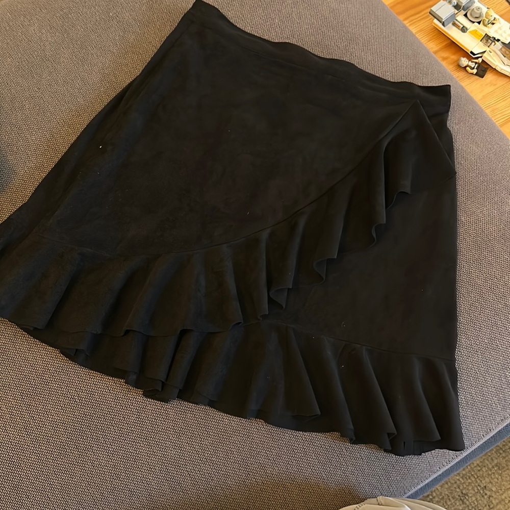Black suede ruffle mini skirt